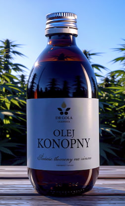 Butelka oleju konopnego na tle pola konopi siewnych